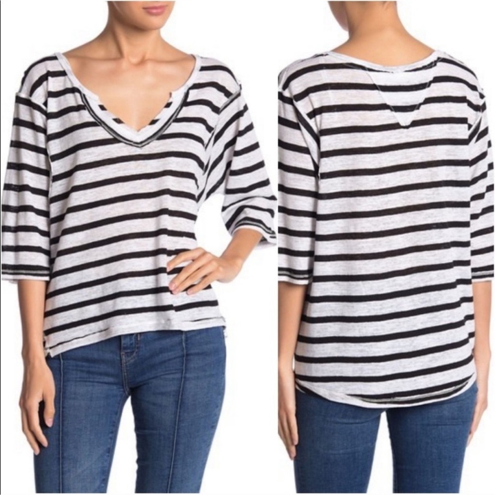 FREE PEOPLE We The Free Head In The Clouds Black & White Striped Linen Top